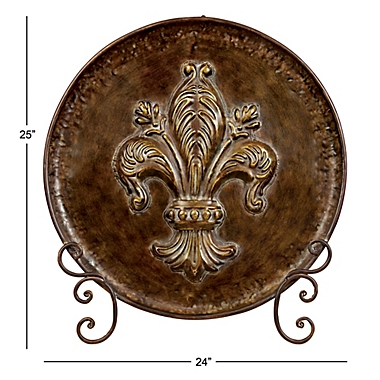 Ridge Road D&eacute;cor Fleur de Lis Decorative Iron Plate with Stand in Brown. View a larger version of this product image.