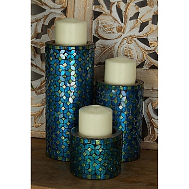 Ridge Road D&eacute;cor  3-Piece Metal Mosaic Candle Holder Set in Turquoise. View a larger version of this product image.