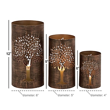 Ridge Road D&eacute;cor Pierced Tree 3-Piece Iron Hurricane Candle Holder Set in Bronze. View a larger version of this product image.