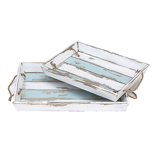 Ridge Road Décor 2-Piece Distressed Wood Slat Serving Tray Set in White/Blue