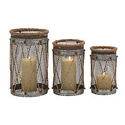 Ridge Road Décor 3-Piece Iron Mesh/Rope Hurricane Candle Holder Set in Grey
