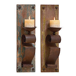Ridge Road Décor Arabesque Wood/Iron Candle Sconces in Brown (Set of 2)