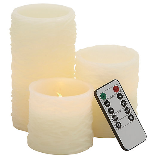 Alternate image 1 for Ridge Road Décor 3-Piece Ridged Flameless LED Pillar Candle Set with Remote in Ivory