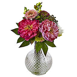 Nearly Natural 14-Inch Peony and Mum Arrangement in Glass Vase