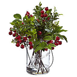 Nearly Natural 11-Inch Berry and Boxwood Arrangement in Glass Canning Jar