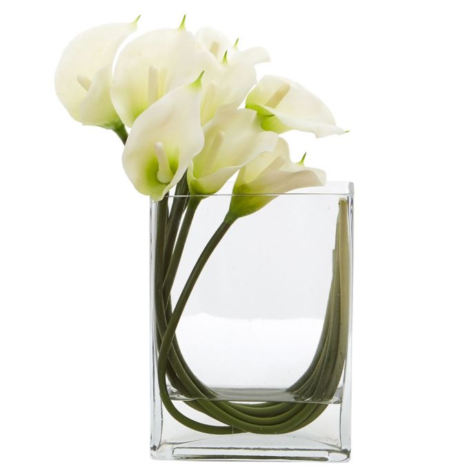 Nearly Natural 12 Inch Calla Lily Arrangement In Glass Tall Rectangular Planter Bed Bath Beyond