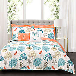 Lush Decor Coastal Reef Feather King Quilt Set in Blue