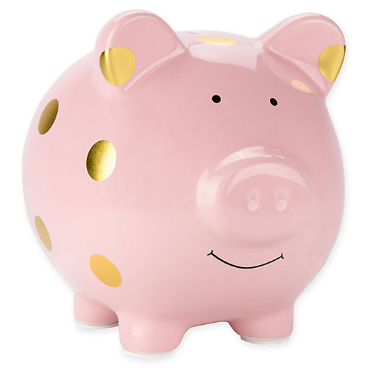Alternate image 1 for Pearhead™ Large Ceramic Polka Dot Piggy Bank in Pink/Gold