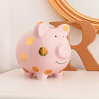 Pearhead&trade; Large Ceramic Polka Dot Piggy Bank in Pink/Gold. View a larger version of this product image.