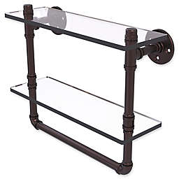 Allied Brass Pipeline Collection 16-Inch Double Glass Shelf with Towel Bar in Antique Bronze