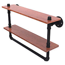 Allied Brass Pipeline 22-Inch Double Ironwood Shelf with Towel Bar in Matte Black