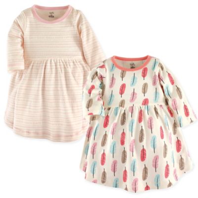 Touched by Nature Size 2T Feathers 2-Pack Organic Cotton Dresses in Coral