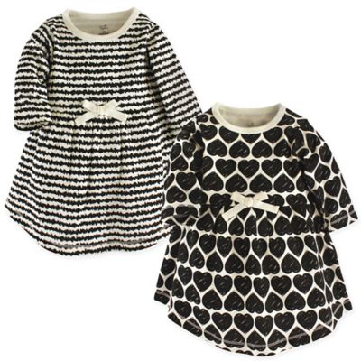 Touched by Nature Size 0-3M 2-Pack Hearts Long Sleeve Organic Cotton Dresses in White/Black