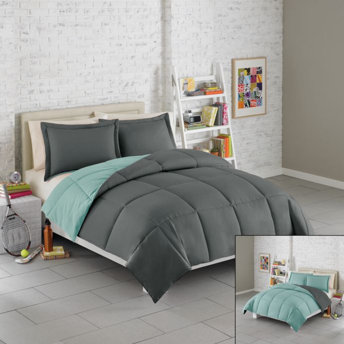 Solid Reversible Microfiber Twin Comforter Set - Teal/Grey ...