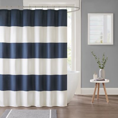 navy and beige shower curtain