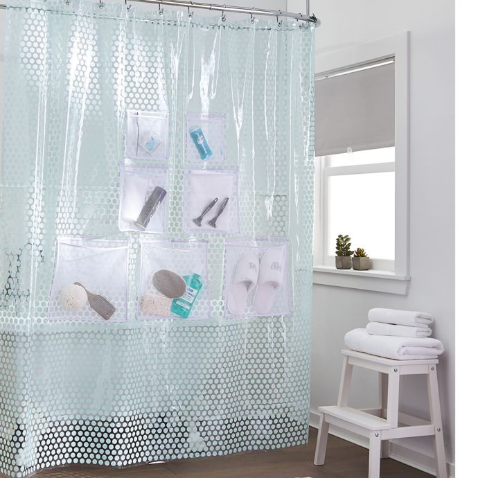 Stuffits Vinyl Shower Curtain with Mesh Pockets in Jade Dot Bed Bath