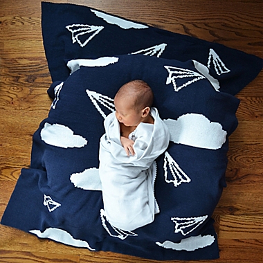 Hello Spud Paper Airplanes Chenille Knit Blanket in Navy. View a larger version of this product image.