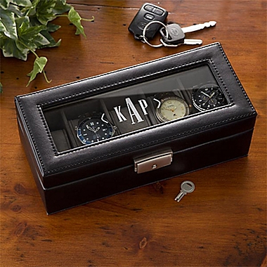 Leather 5 Slot Initial Monogram Watch Box in Black. View a larger version of this product image.