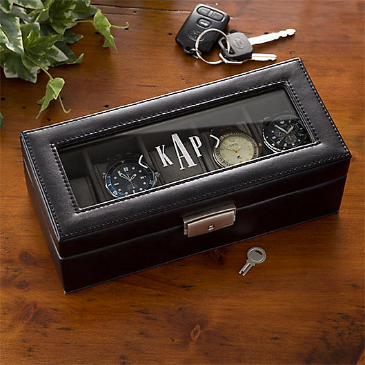 Alternate image 1 for Leather 5 Slot Initial Monogram Watch Box in Black