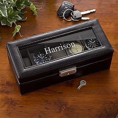 Leather 5 Slot Name Watch Box in Black. View a larger version of this product image.