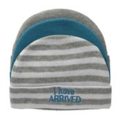 So&#39; Dorable Size 0-6M 3-Pack &quot;I Have Arrived&quot; Knit Beanies in Blue/White/Grey