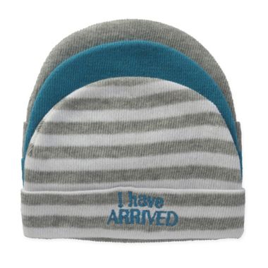 So' Dorable Size 0-6M 3-Pack "I Have Arrived" Knit Beanies in Blue/White/Grey. View a larger version of this product image.
