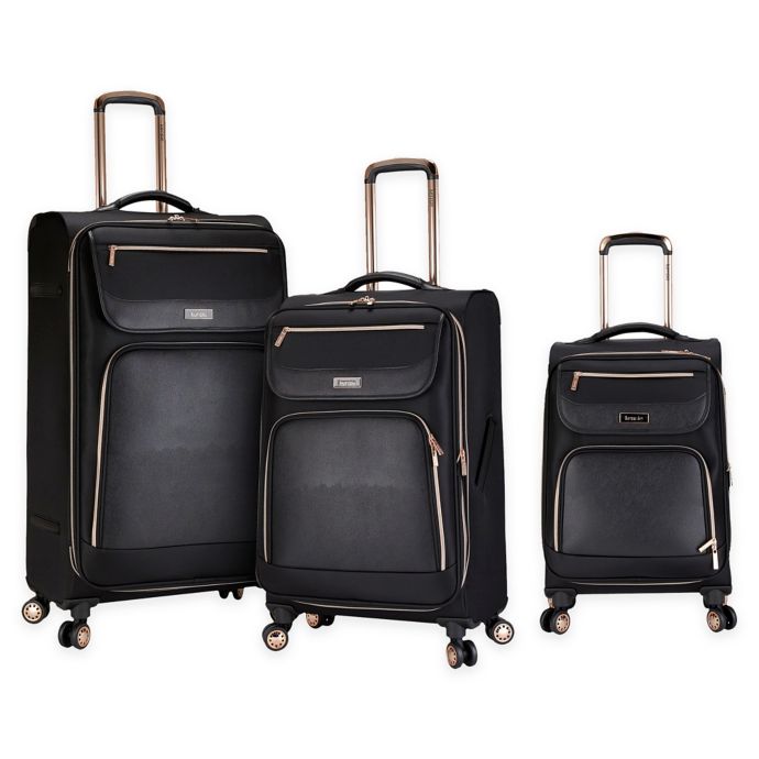 Kensie 3Piece Upright Spinner Luggage Set in Black/Rose Gold Bed