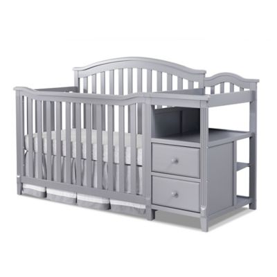 gray crib with changing table