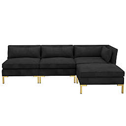 Doyer 3-Piece Open End Velvet Sectional Sofa with Ottoman in Black