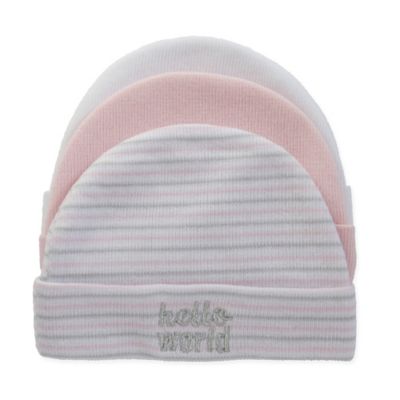So&#39; Dorable Size 0-6M 3-Pack &quot;Hello World&quot; Knit Beanies in Pink/White/Grey