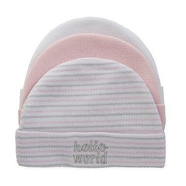 So&#39; Dorable Size 0-6M 3-Pack &quot;Hello World&quot; Knit Beanies in Pink/White/Grey. View a larger version of this product image.