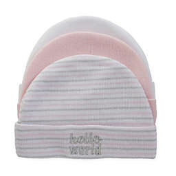 So' Dorable Size 0-6M 3-Pack "Hello World" Knit Beanies in Pink/White/Grey