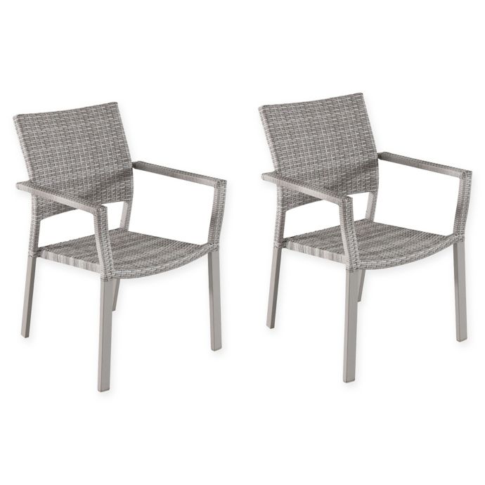Square Stacking Wicker Outdoor Dining Chairs in Oyster (Set of 2) | Bed