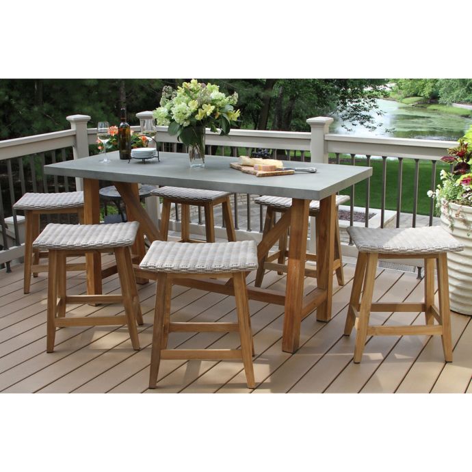 Outdoor Interiors 7 Piece Teak Composite Counter Height Dining Set With Saddle Stools Bed Bath Beyond