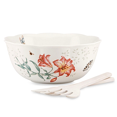 Lenox&reg; Butterfly Meadow&reg; 11-Inch Salad Bowl with Wood Servers. View a larger version of this product image.