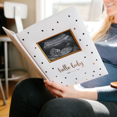 Pearhead&reg; &quot;Hello Baby&quot; Sonogram Baby Memory Book, Black and Gold Polka Dots. View a larger version of this product image.
