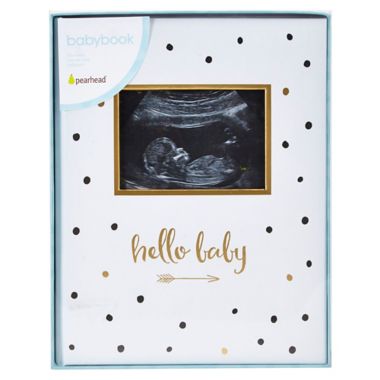 Pearhead&reg; &quot;Hello Baby&quot; Sonogram Baby Memory Book, Black and Gold Polka Dots. View a larger version of this product image.