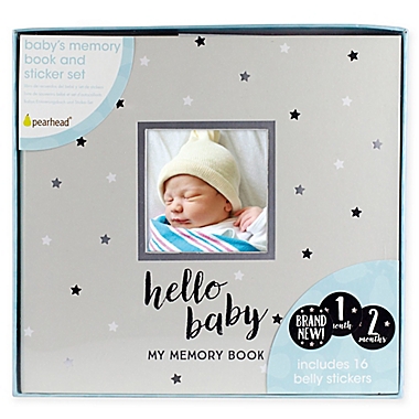 Pearhead&reg; &quot;Hello Baby&quot; Stars Baby Memory Book and Sticker Set in Grey. View a larger version of this product image.