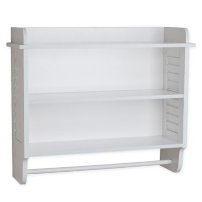 white shelf with towel bar