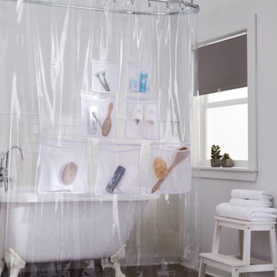 Phone Tablet Holder Shower Curtain Liner with Many Pockets Transparent Curtain 