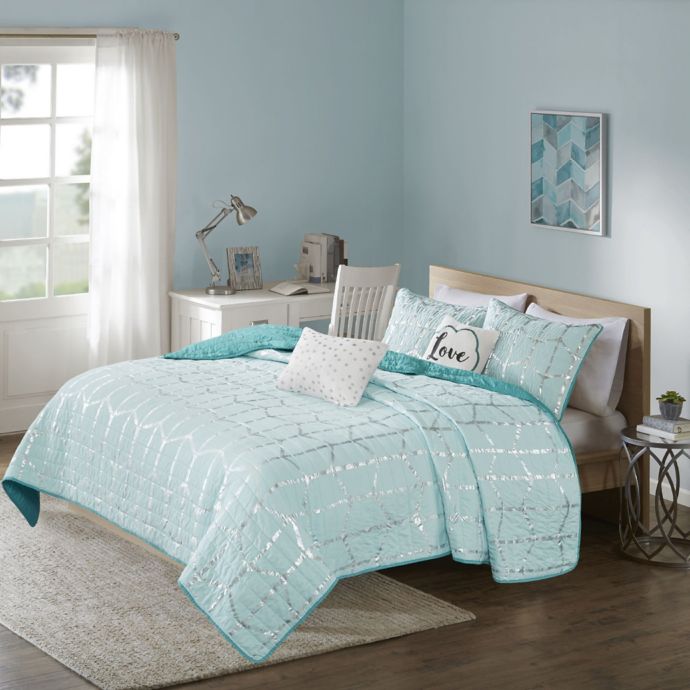 intelligent design raina aqua and silver comforter set