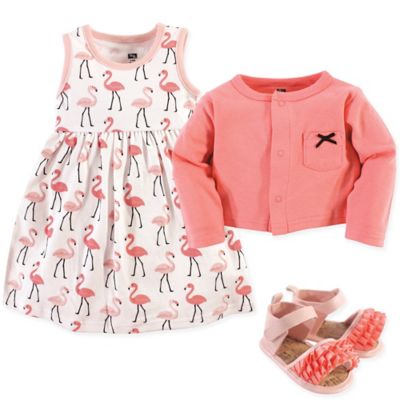 Hudson Baby&reg; Flamingos 4-Piece Dress, Cardigan and Shoe Set in Pink