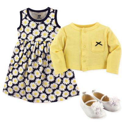 Hudson Baby 3-Piece Daisy Cardigan, Dress and Shoe Set in Blue/Yellow