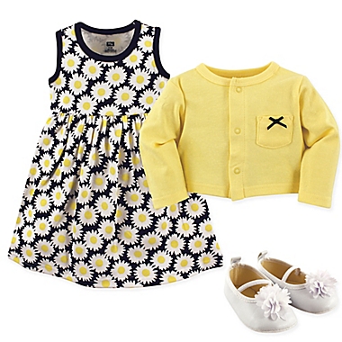 Hudson Baby Size 6-9M 3-Piece Daisy Cardigan, Dress and Shoe Set in Blue/Yellow. View a larger version of this product image.