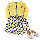 Alternate image 1 for Hudson Baby Size 6-9M 3-Piece Daisy Cardigan, Dress and Shoe Set in Blue/Yellow