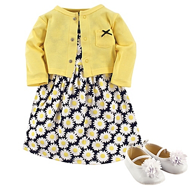 Hudson Baby Size 6-9M 3-Piece Daisy Cardigan, Dress and Shoe Set in Blue/Yellow. View a larger version of this product image.