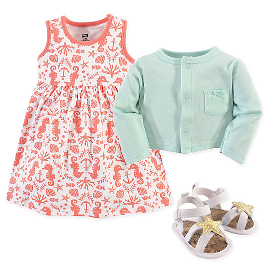 Alternate image 1 for Hudson Baby 3-Piece Sea Cardigan, Dress and Shoe Set in Mint/Coral