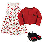 Alternate image 0 for Hudson Baby Size 6-9M 3-Piece Cherry Cardigan, Dress and Shoe Set in Red/Black
