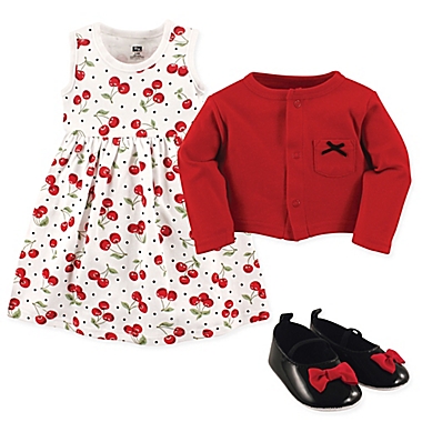 Hudson Baby Size 6-9M 3-Piece Cherry Cardigan, Dress and Shoe Set in Red/Black. View a larger version of this product image.