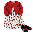 Alternate image 1 for Hudson Baby Size 6-9M 3-Piece Cherry Cardigan, Dress and Shoe Set in Red/Black
